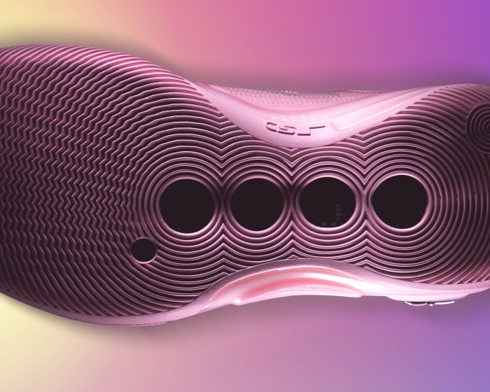 The outsole of Dwyane Wade's pink basketball shoes.